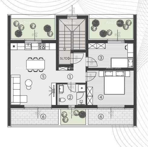 Grundriss einer Wohnung mit offenem Wohnbereich, Schlafzimmern und einer Terrasse mit Pergola.