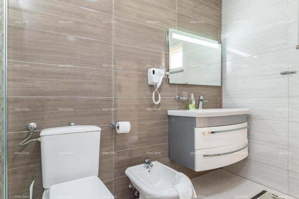 Detailansicht des modernen Badezimmers mit Toilette, Bidet und elegantem Waschtisch mit beleuchtetem Spiegel.