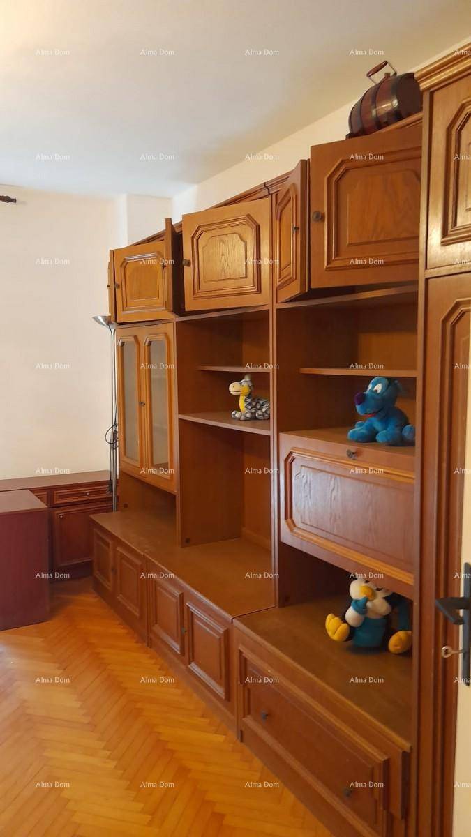Wohnzimmer mit großem, traditionellem Holzschrank und Parkettboden, der viel Stauraum bietet.