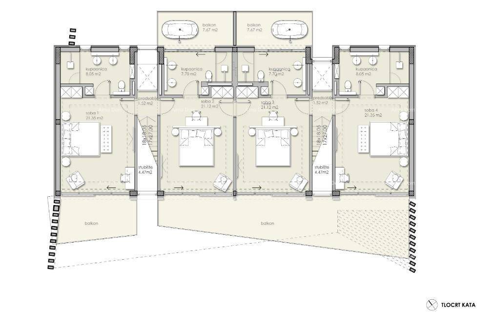 Grundriss des Obergeschosses mit vier Schlafzimmern und zugehörigen Bädern.