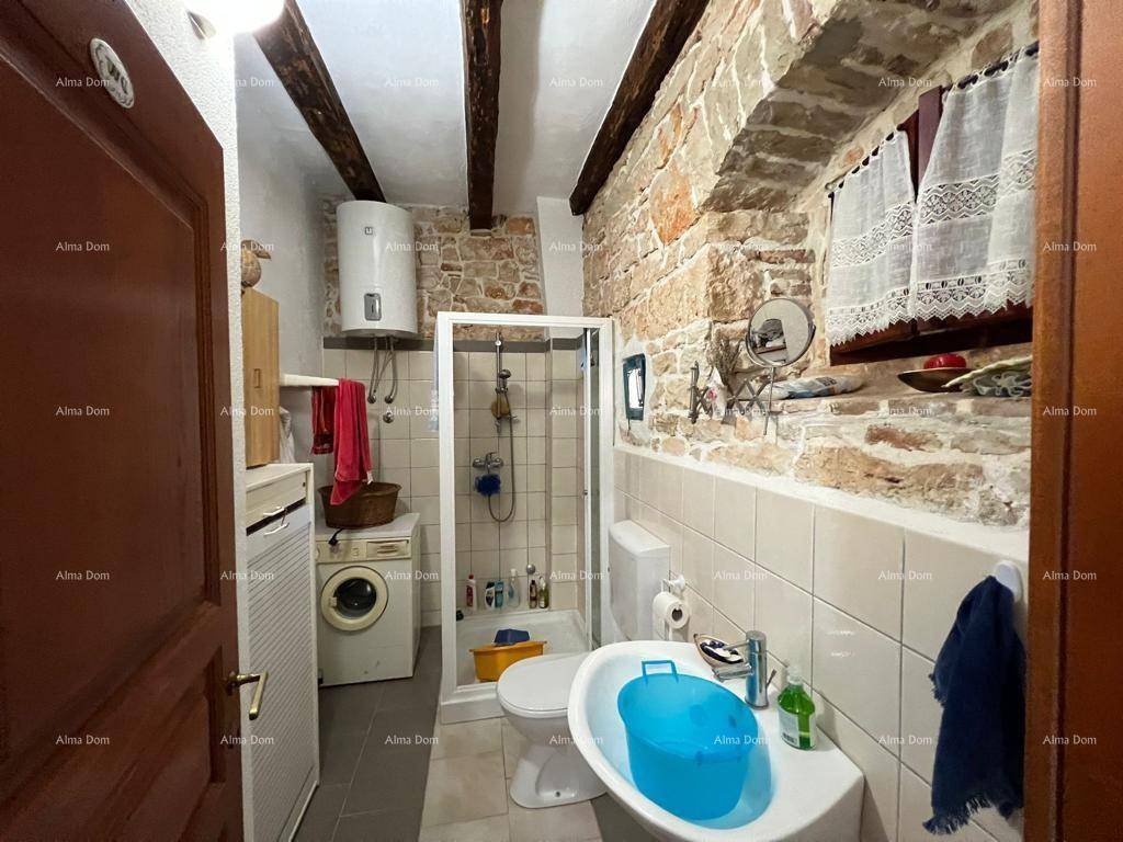 Badezimmer mit Duschkabine, Waschmaschine und freigelegten Steinwänden.