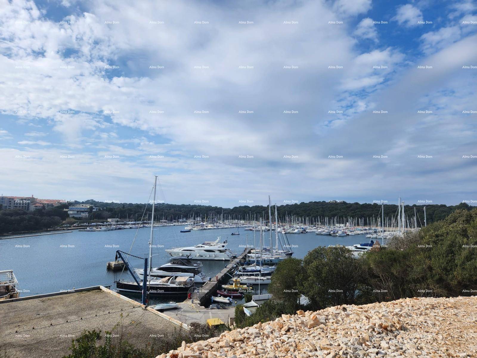 Panoramablick auf einen belebten Yachthafen mit vielen Segel- und Motorbooten unter bewölktem Himmel.