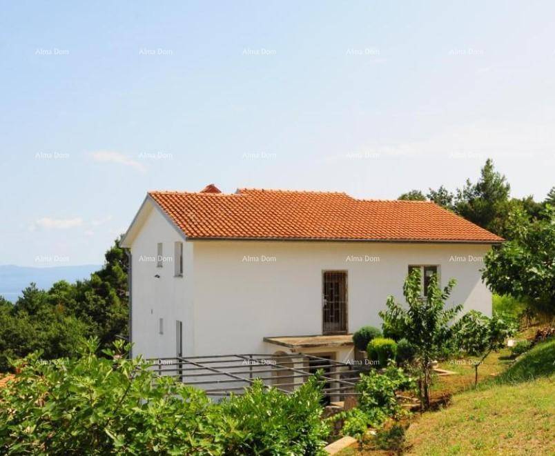 Weißes Wohnhaus mit Ziegeldach, umgeben von üppiger Vegetation und Meerblick im Hintergrund.
