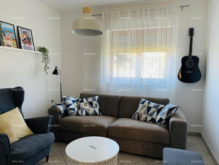 Gemütliches Wohnzimmer mit Sofa, Sessel, Gitarre an der Wand und großen Fenstern.