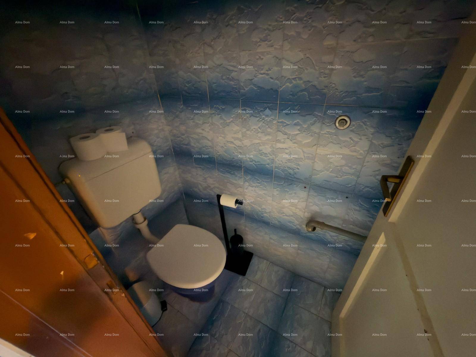Separate Toilette mit blauen Fliesen und Haltegriff.