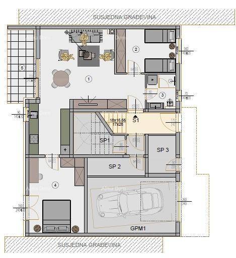 Grundriss einer Wohnung mit offenem Wohnbereich, zwei Schlafzimmern und Garage.