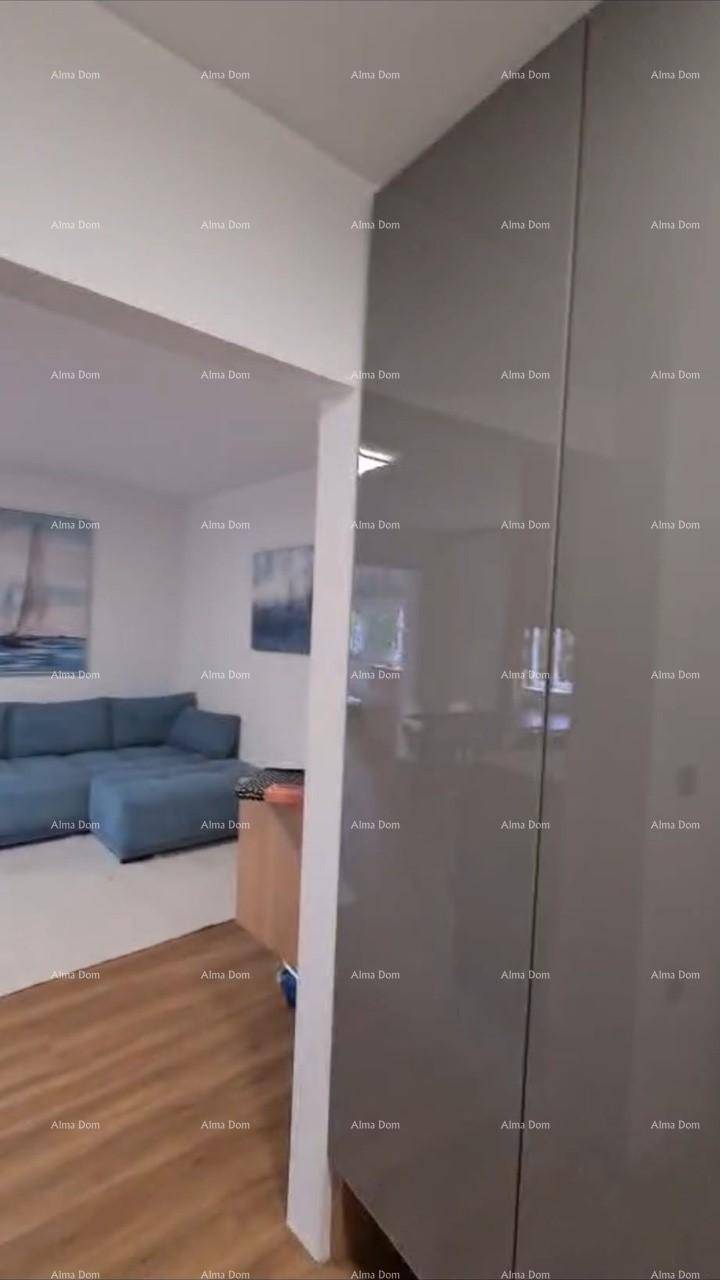 Heller Wohnbereich mit blauem Sofa und Holzboden, der durch eine glänzende Oberfläche abgetrennt ist.
