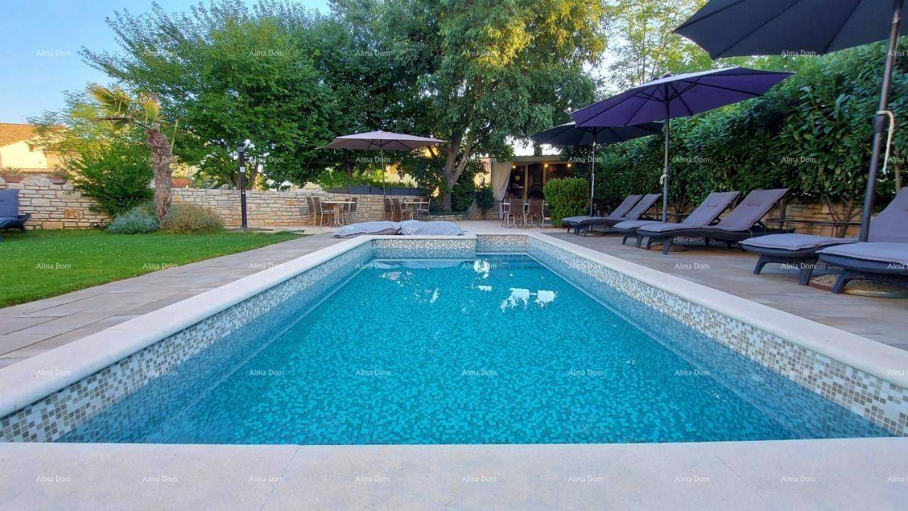 Blauer Pool im Garten mit Liegestühlen und Sonnenschirmen, umgeben von grüner Vegetation.