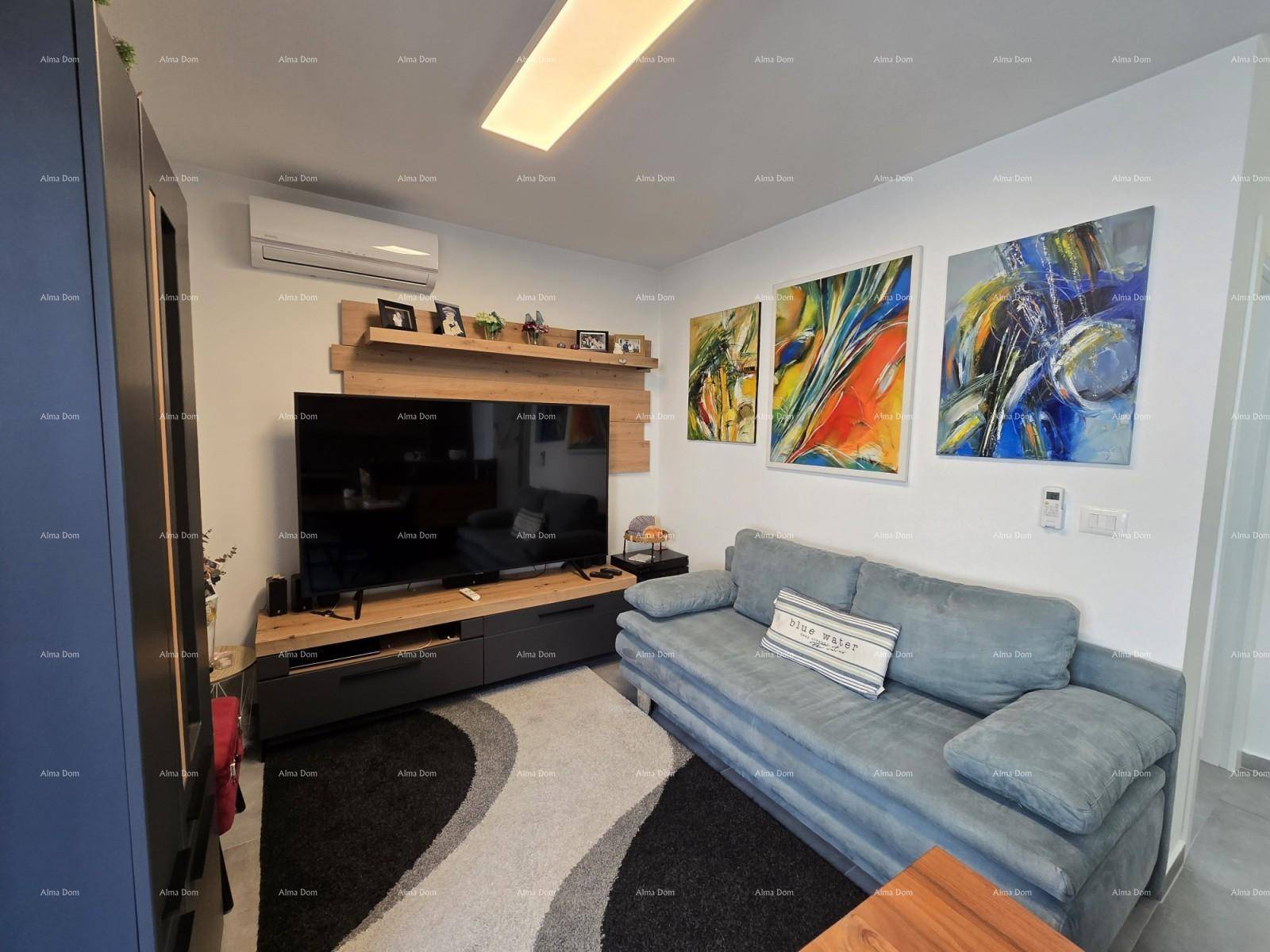 Gemütliches Wohnzimmer mit blauer Couch, Fernseher, Klimaanlage und farbenfrohen Bildern.