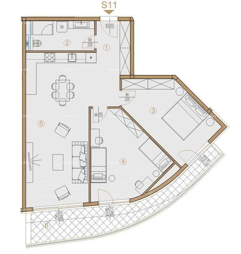 Grundriss der Wohnung S11 mit zwei Schlafzimmern, offenem Wohnbereich und Balkon.