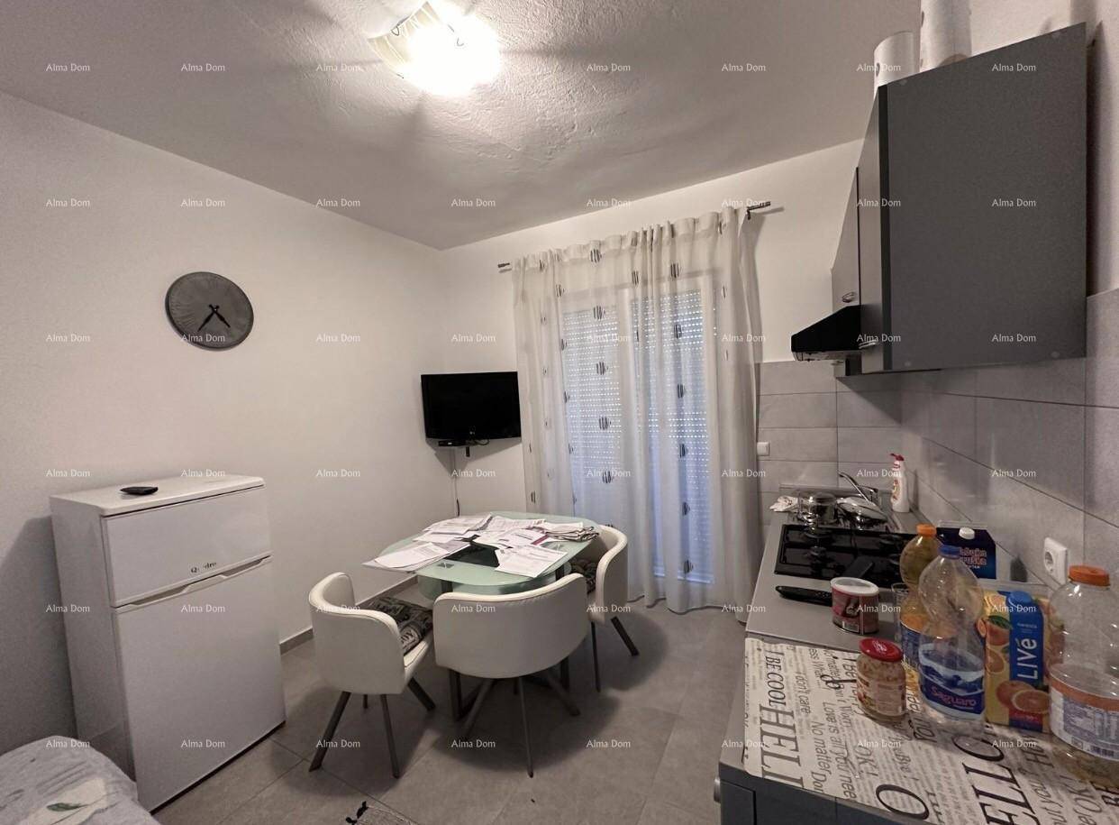 Kleiner Wohn- und Essbereich mit Küchenzeile, Kühlschrank und Fernseher, praktisch gestaltet.