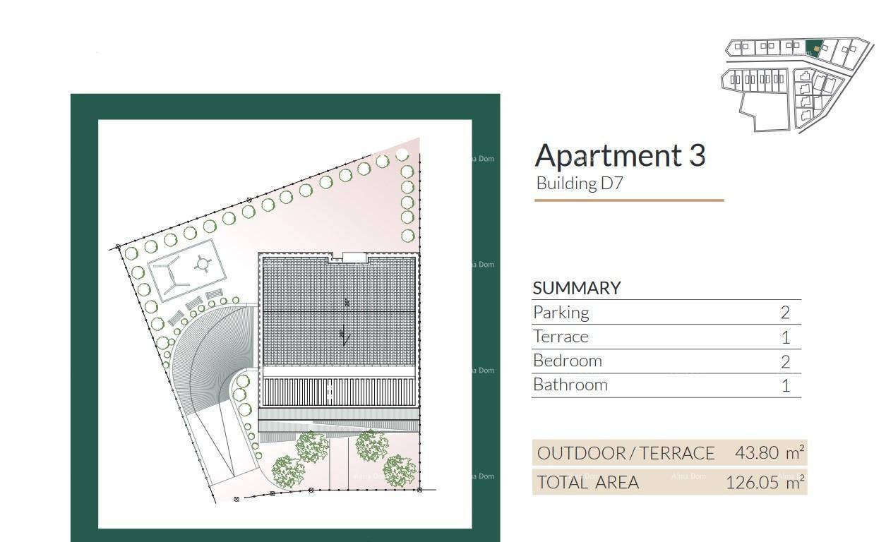 Lageplan für Apartment 3 in Gebäude D7 mit Grundstücksgrenzen und Flächenübersicht.