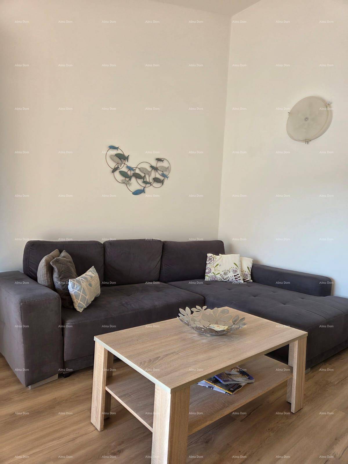 Gemütliches Wohnzimmer mit großem Ecksofa und Couchtisch, dekoriert mit maritimen Elementen.