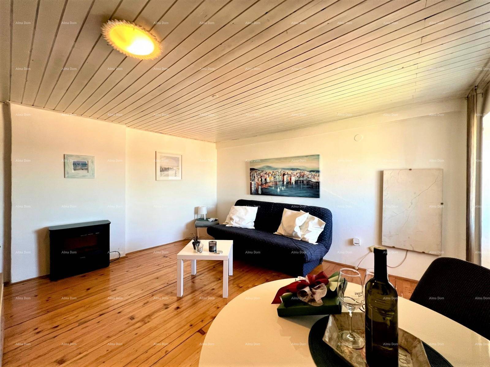 Wohnbereich mit Holzdielenboden, bemalter Holzdecke und einem dunklen Sofa sowie Esstisch.