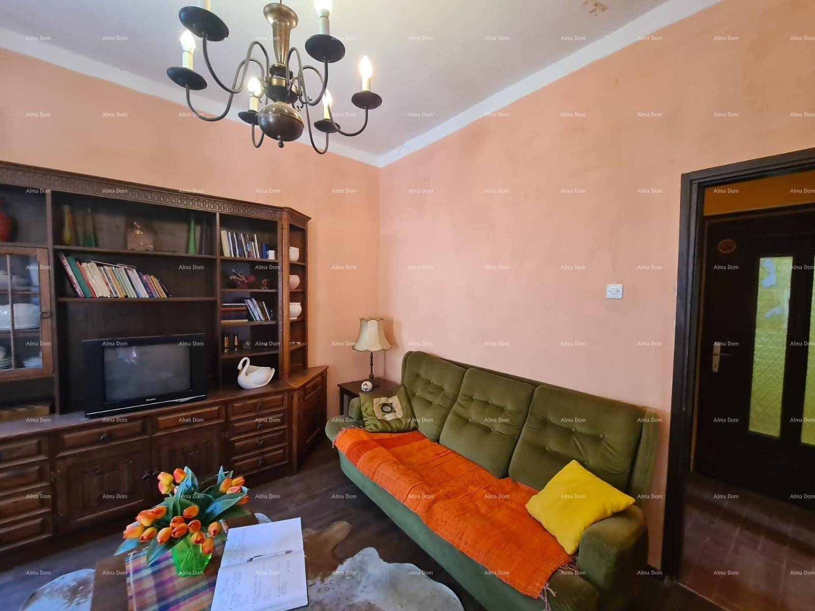Wohnzimmer mit traditionellen Holzmöbeln, einem Kuhfellteppich und einem grünen Sofa.