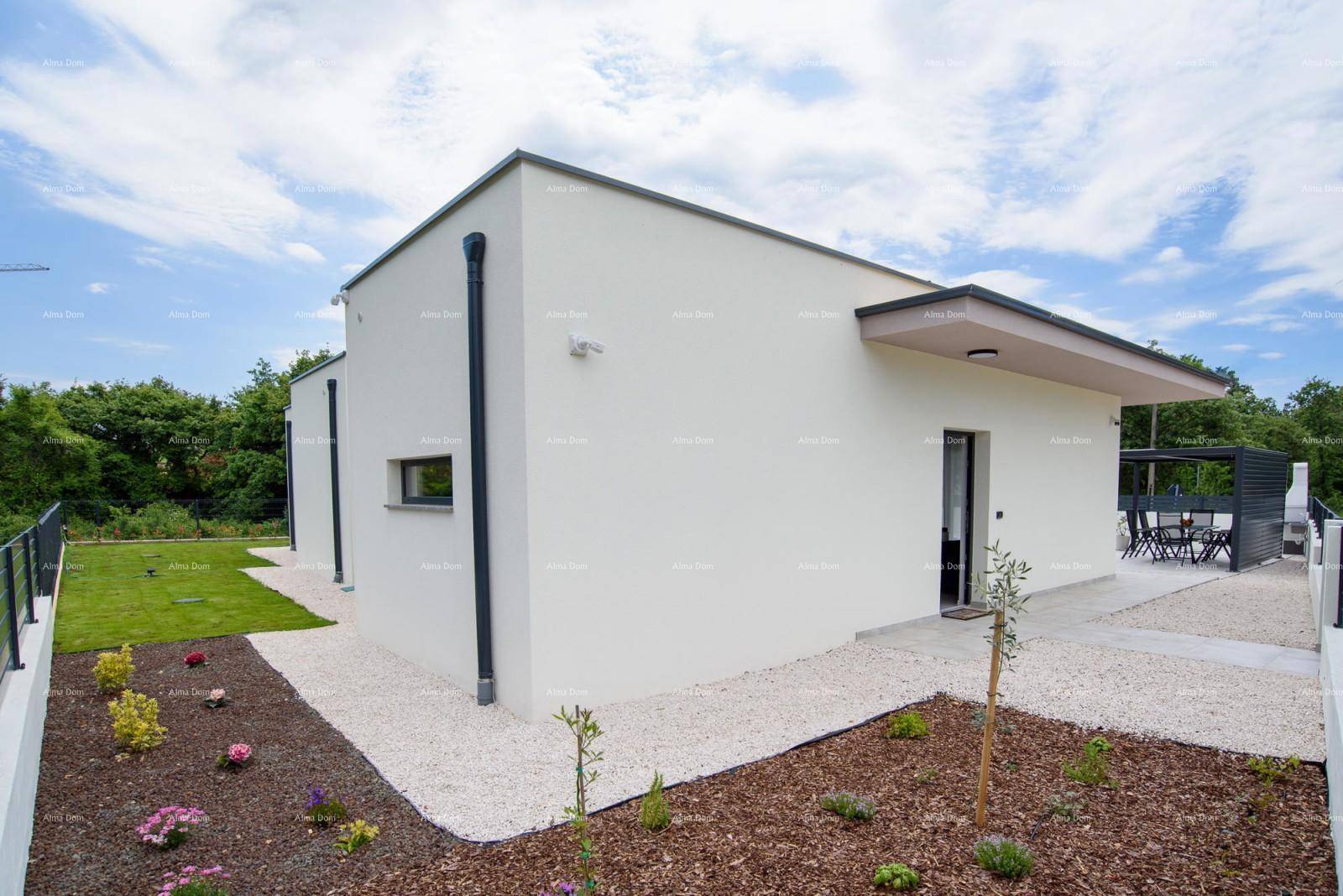 Seitenansicht des modernen Hauses mit gepflegtem Gartenbereich, Kieswegen und jungen Pflanzen.