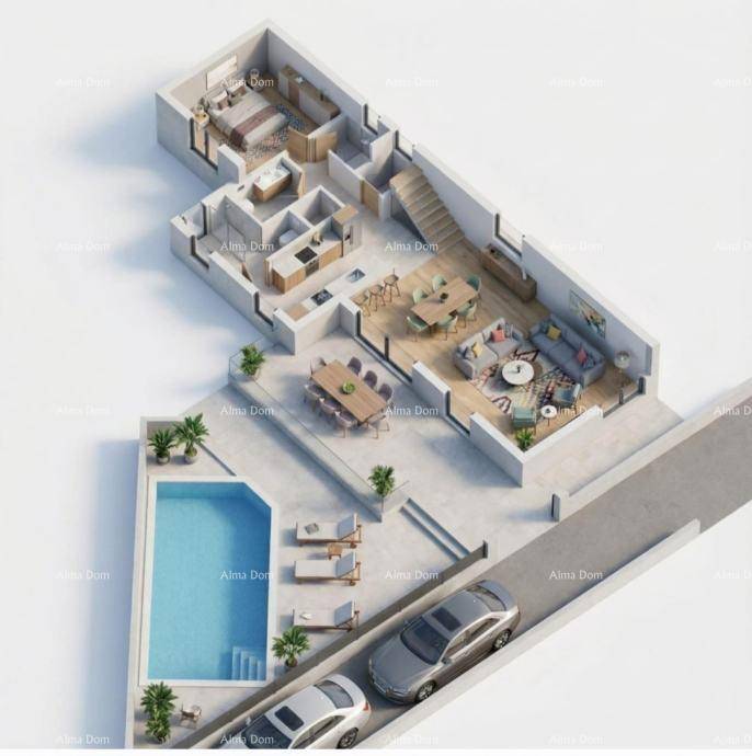 3D-Grundriss des Erdgeschosses mit offenem Wohnbereich, Küche, Esszimmer und Poolzugang.