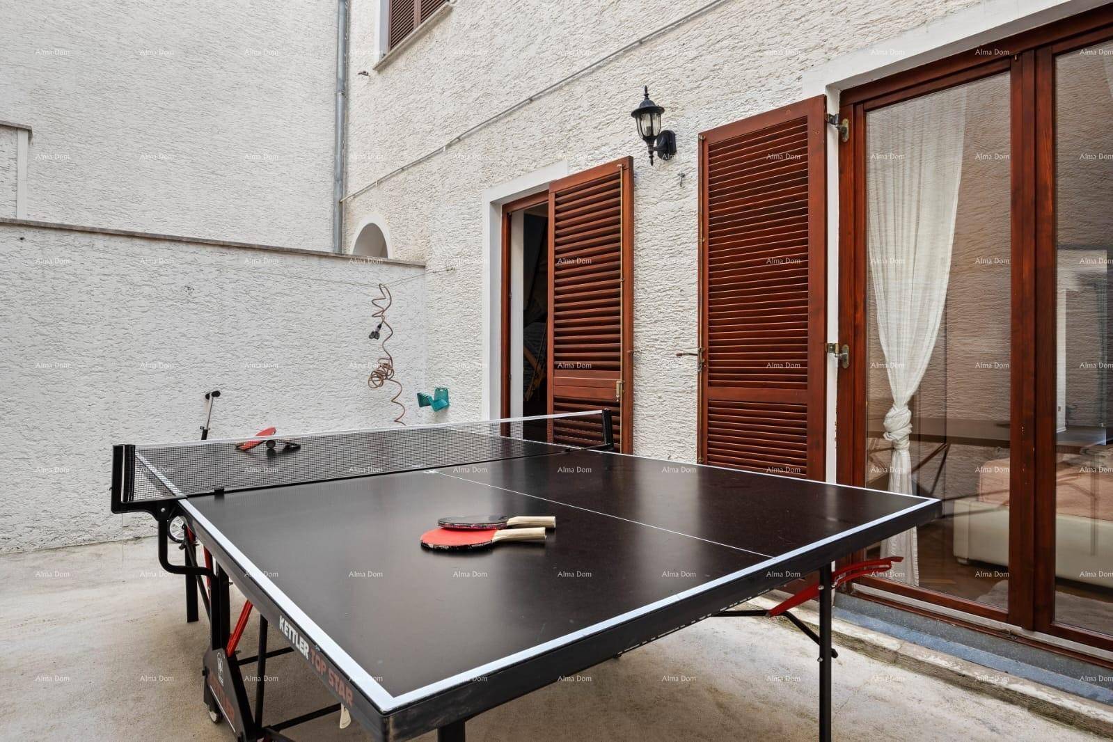 Geräumiger Außenbereich mit Tischtennisplatte und Zugang zu Innenräumen, ideal für Sport.