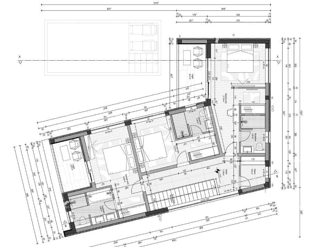 Grundriss des Obergeschosses mit mehreren Schlafzimmern, Bädern, Loggien und Ankleidezimmern.