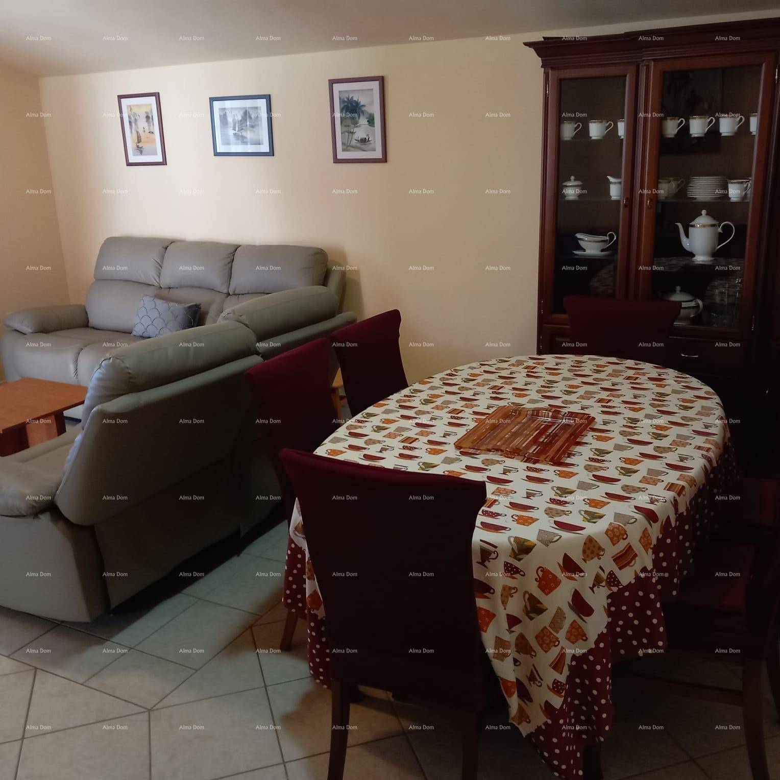 Gemütlicher Wohn-Essbereich mit Sofa, Esstisch und einem Vitrinenschrank.