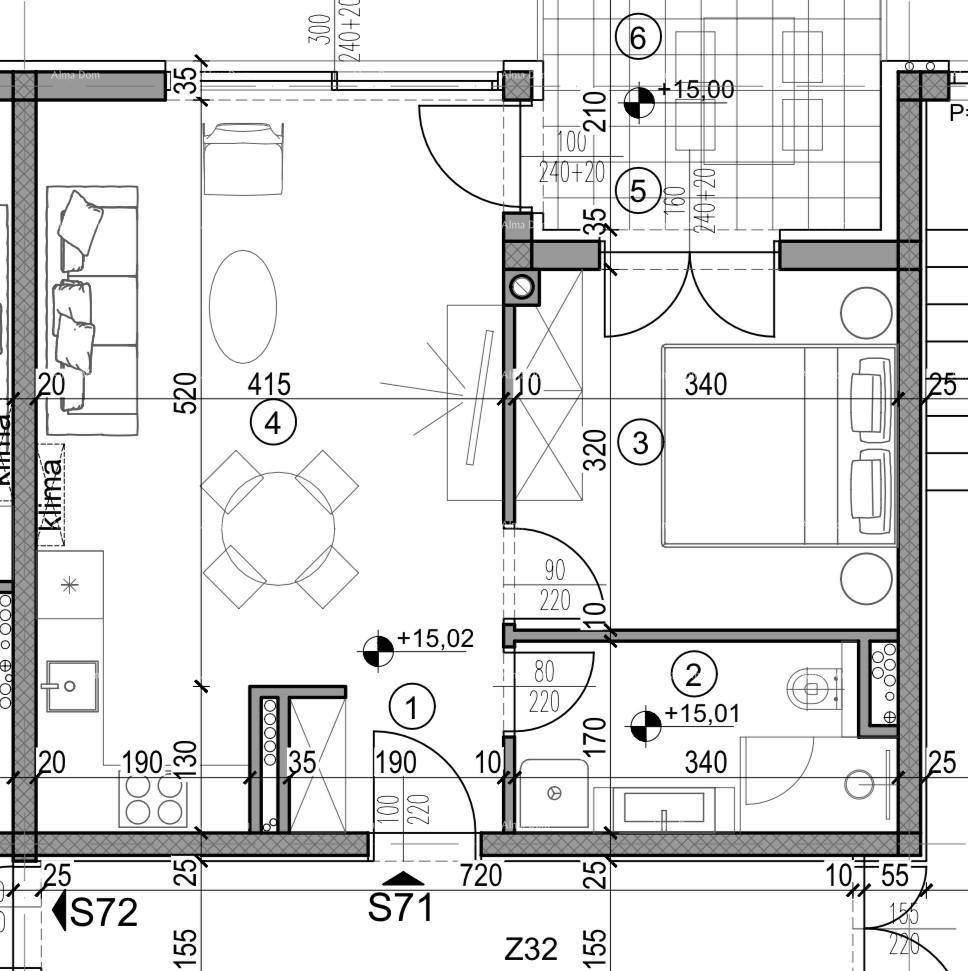 Detaillierter Grundriss der Wohnung S71 mit Raumaufteilung, Loggia und Balkon.