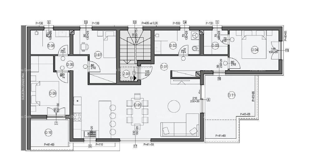 Detaillierter Grundriss einer Wohnung mit offenem Wohnbereich, drei Schlafzimmern und zwei Bädern.