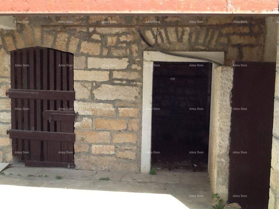 Erdgeschoss eines alten Steinhauses mit rustikalen Holztüren und einem dunklen Eingang.