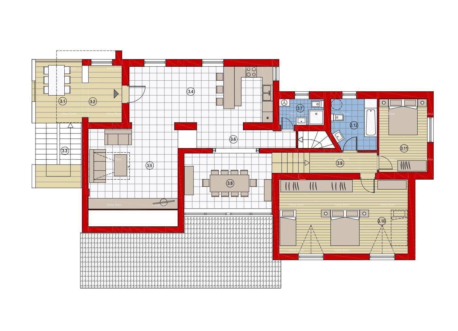Grundriss des zweiten Obergeschosses mit Wohnbereich, Esszimmer, Bädern und Schlafzimmern.