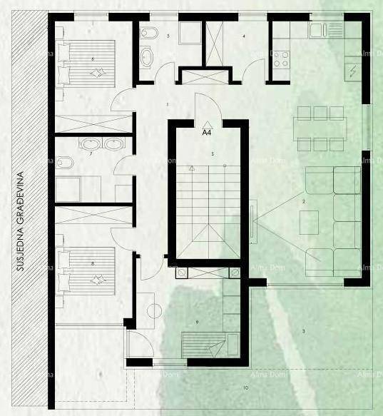 Grundriss einer Wohnung mit drei Schlafzimmern, zwei Bädern und offenem Wohn- und Essbereich.