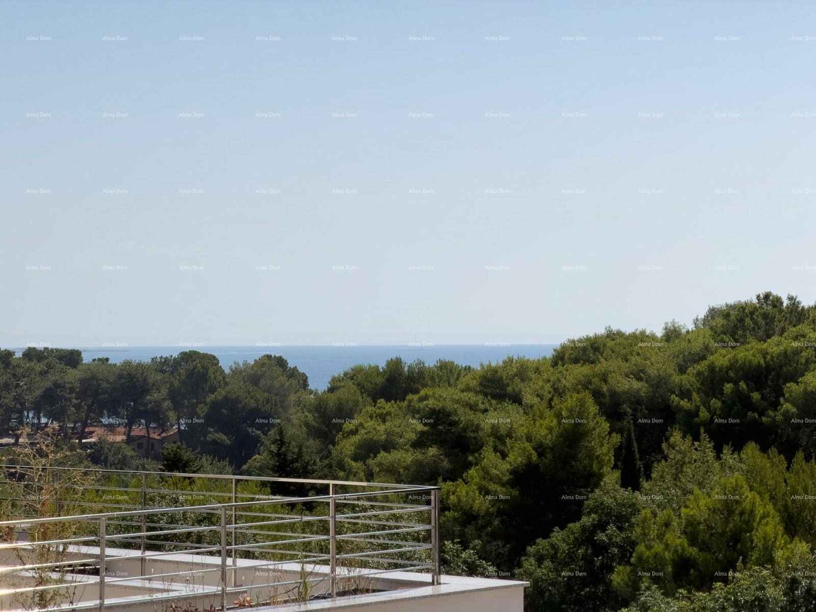 Panoramablick auf das Meer und die bewaldete Küstenlandschaft von der Terrasse.