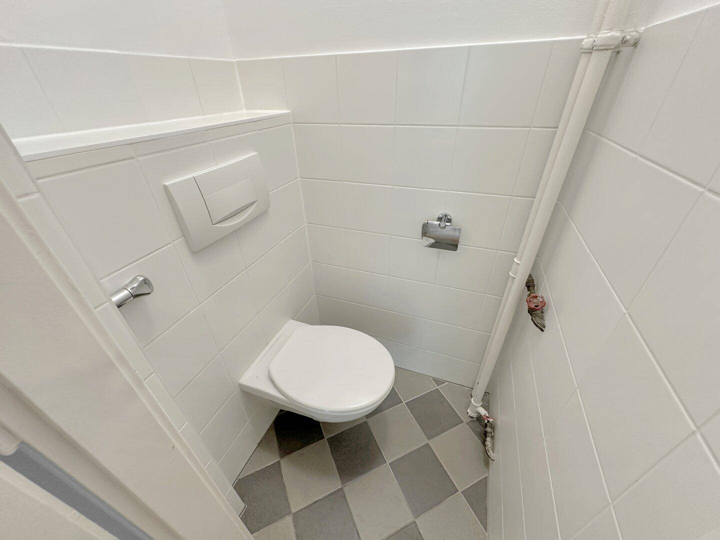 Separates WC mit wandhängender Toilette und weiß-grau kariertem Fliesenboden.