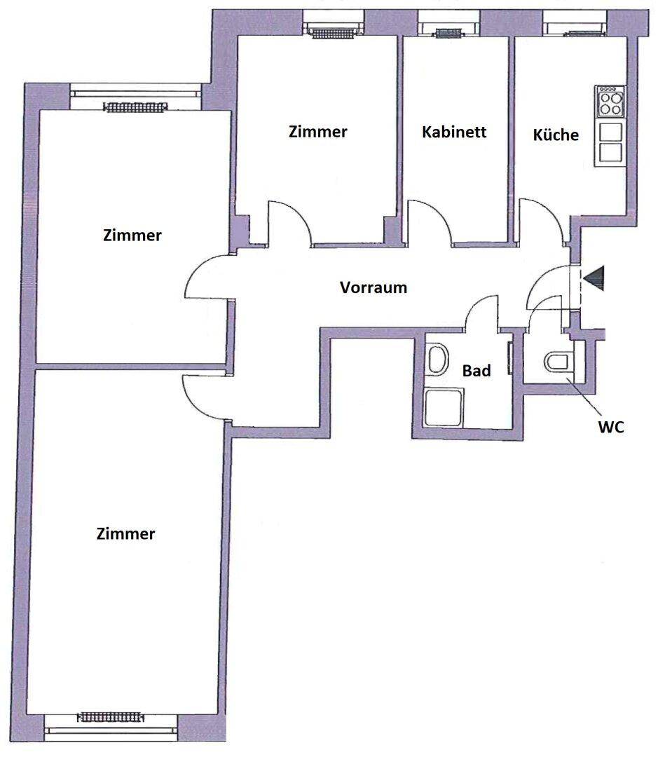 Übersichtlicher Grundriss der Wohnung mit mehreren Zimmern, Küche, Bad und separatem WC.