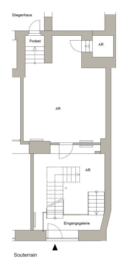 Grundriss des Souterrains mit großen Archivräumen und Zugang zum Treppenhaus.
