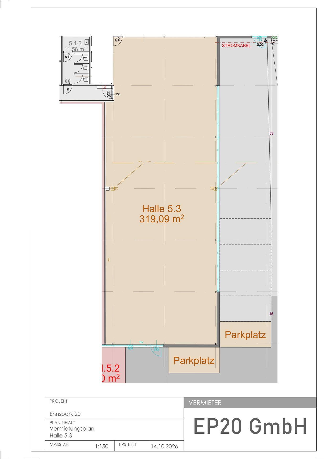 Detaillierter Grundriss der Halle 5.3 mit 319,09 m² Nutzfläche und zugehörigen Parkplätzen.