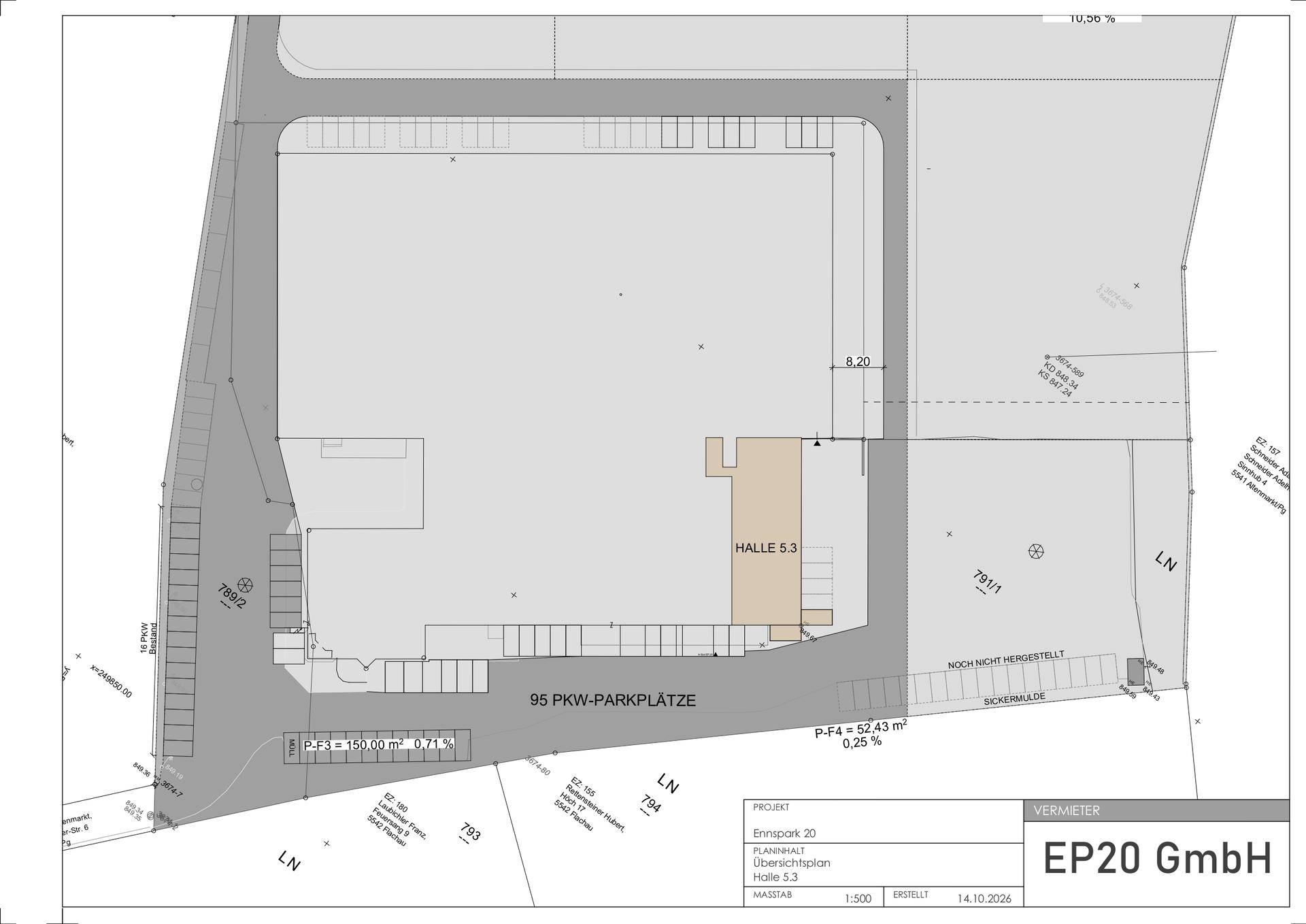 Übersichtsplan des Geländes mit Halle 5.3 und einer großen Anzahl von 95 PKW-Parkplätzen.
