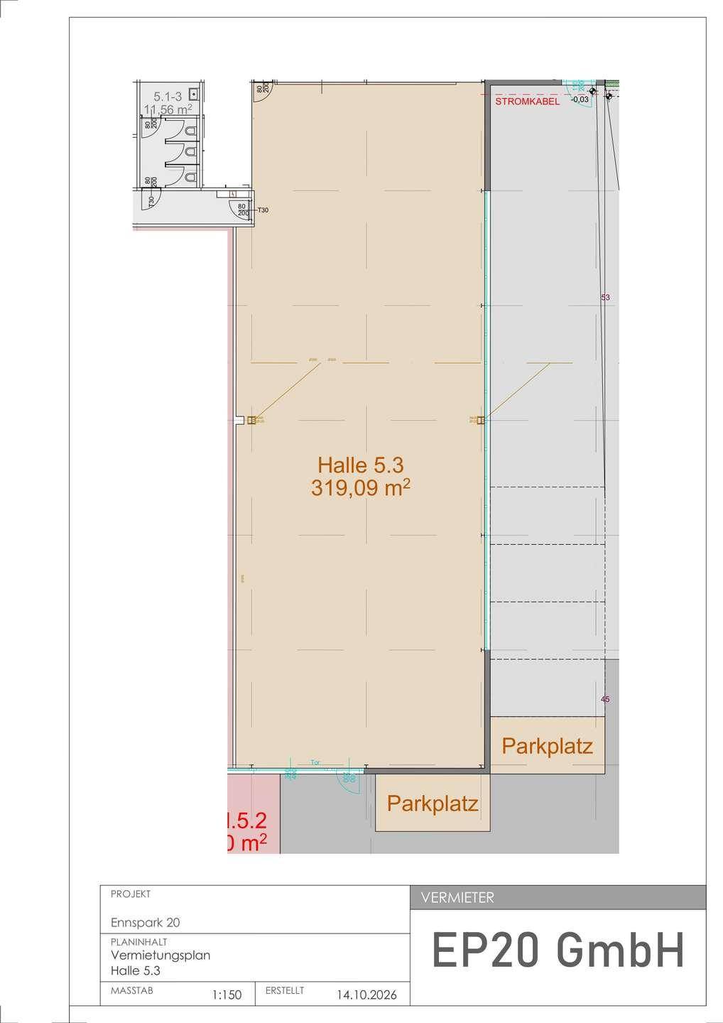 Detaillierter Grundriss der Halle 5.3 mit 319,09 m² Nutzfläche und zugehörigen Parkplätzen.