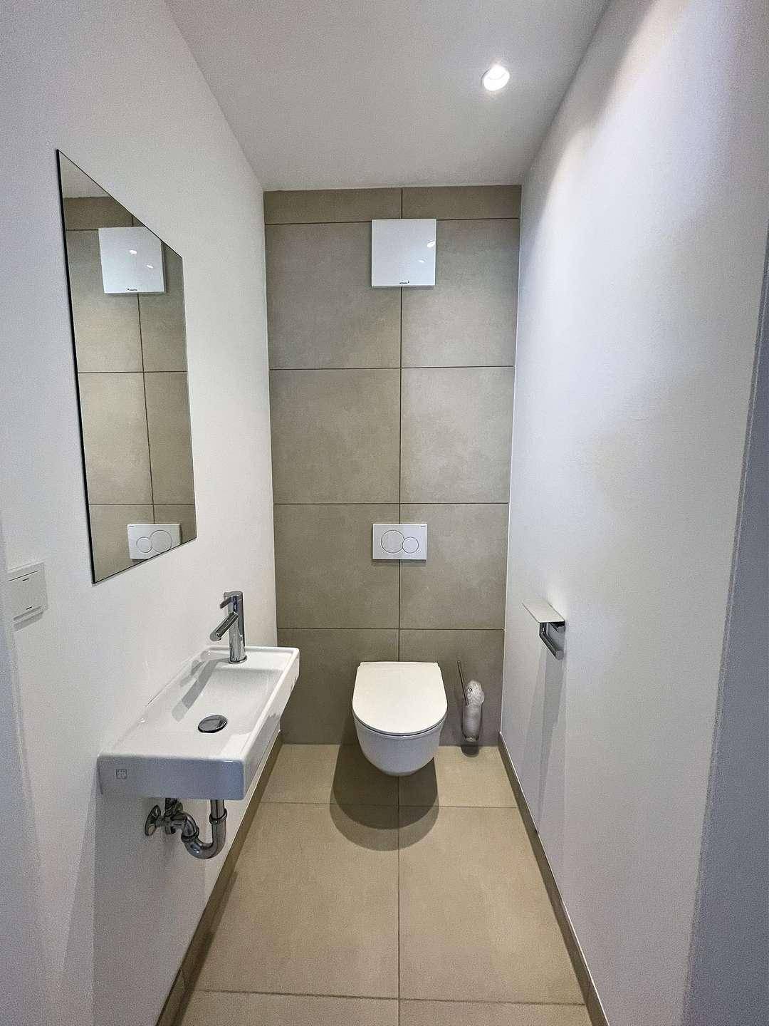 Modernes Gäste-WC mit wandhängender Toilette, kleinem Waschbecken und Spiegel.