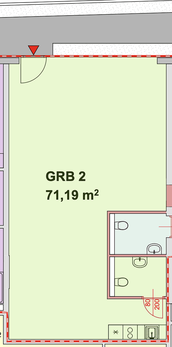 Grundriss zeigt einen großen Raum mit 71,19 m² und angrenzenden Sanitärbereichen.