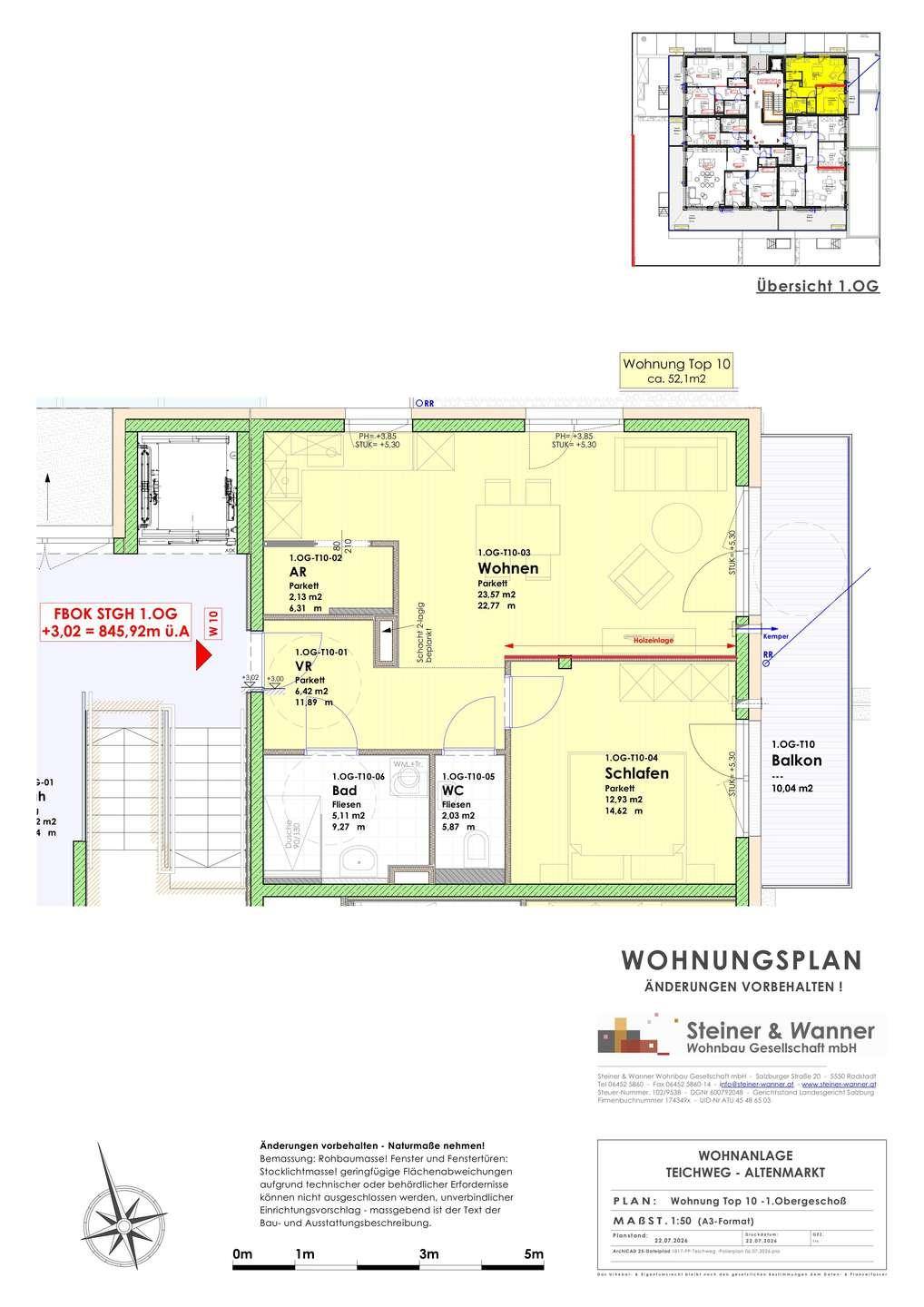 Grundriss der Wohnung Top 10 mit ca. 52,1m² Wohnfläche, einem Schlafzimmer, Bad und Balkon.