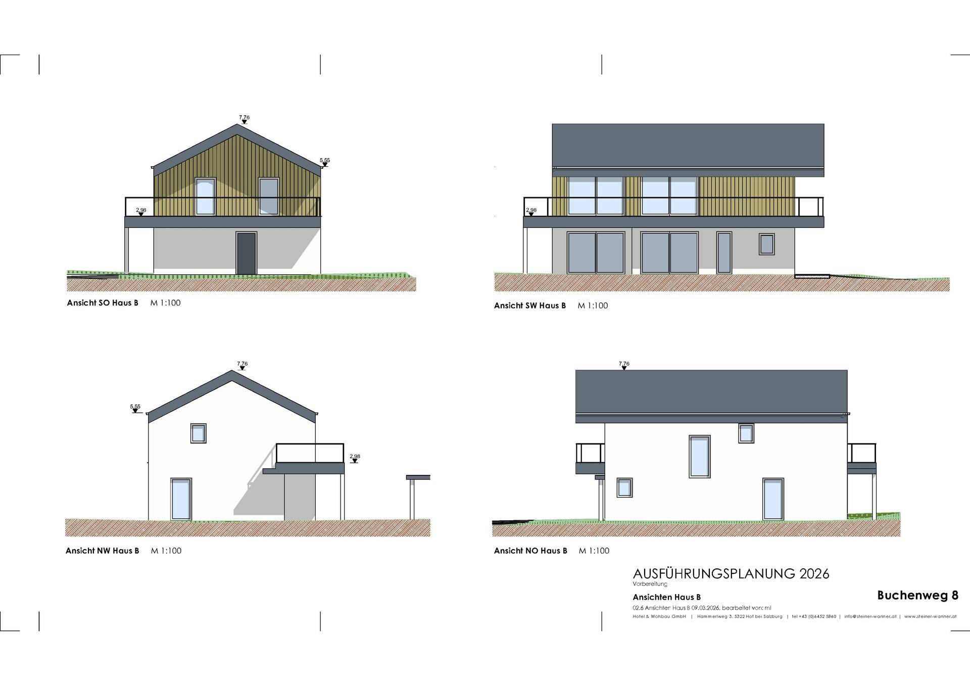 Architektonische Ansichten eines modernen Hauses von allen vier Seiten mit Balkonen und großen Fenstern.