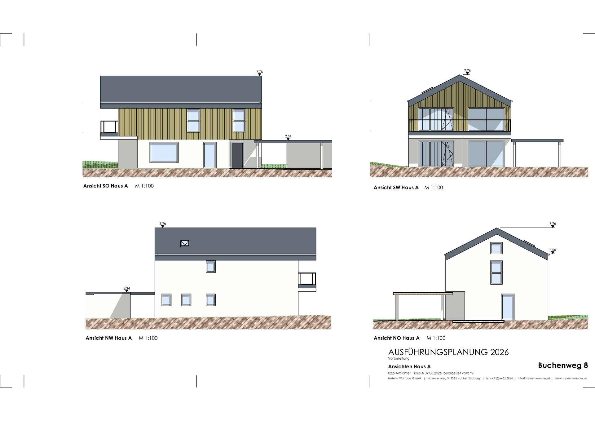 Architektonische Ansichten eines modernen Hauses von verschiedenen Seiten mit Satteldach und Balkonen.