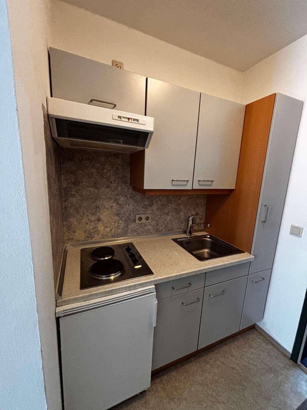 Kompakte Küchenzeile mit zwei Kochfeldern, Spüle und Kühlschrank in einem funktionalen Design.