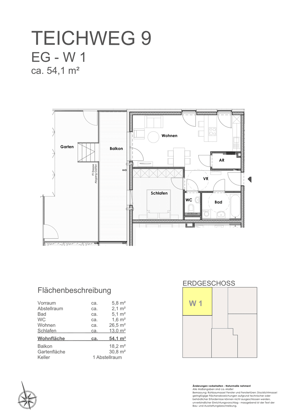 Grundriss einer Erdgeschosswohnung mit Wohnzimmer, Schlafzimmer, Bad, separatem WC, Balkon und Gartenanteil.