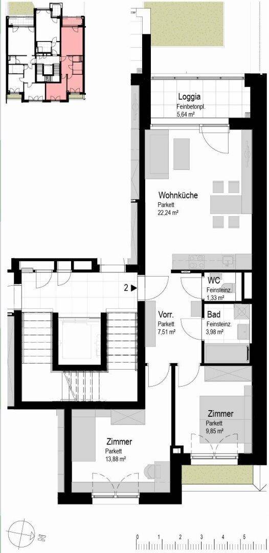 Detaillierter Grundriss einer Wohnung mit Wohnküche, Loggia und zwei Zimmern.
