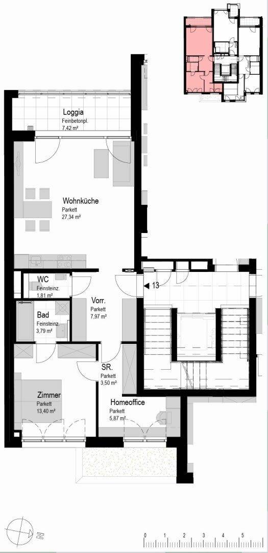 Grundriss einer Wohnung mit Wohnküche, Loggia, Bad und separatem WC.