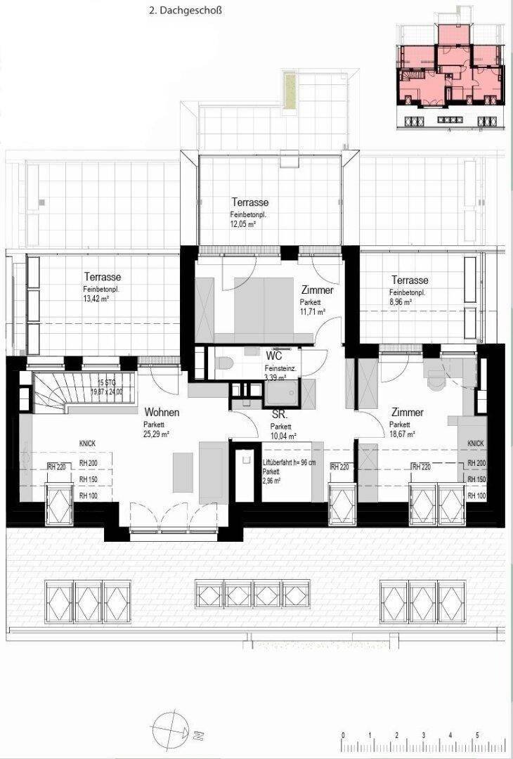 Grundriss des zweiten Dachgeschosses mit Wohnbereich, Schlafzimmern und zwei Terrassen.