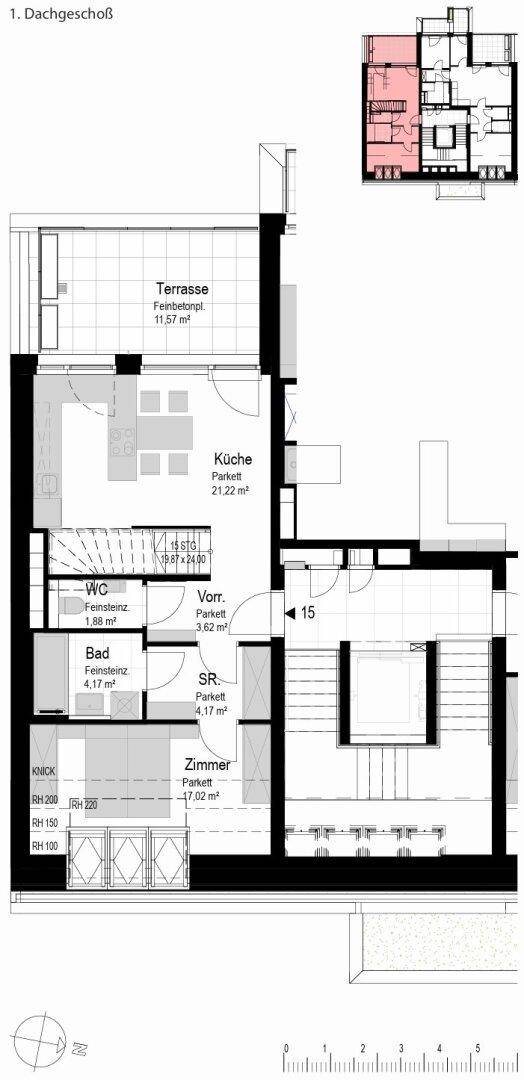 Grundriss des ersten Dachgeschosses mit offener Küche, Bad und großer Terrasse.
