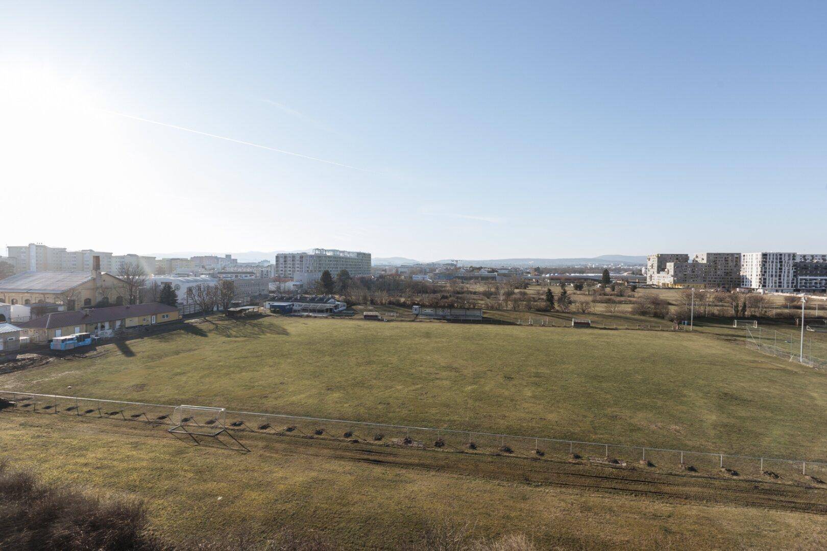 Panoramablick über eine weite Grünfläche und die umliegende Stadt mit Gebäuden im Hintergrund.