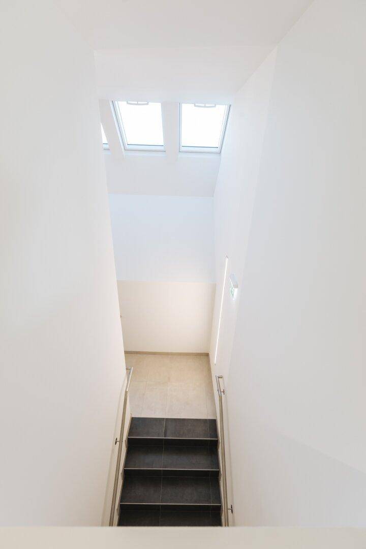 Treppenhaus mit dunklen Stufen und Metallgeländer, von oben beleuchtet durch Dachfenster.