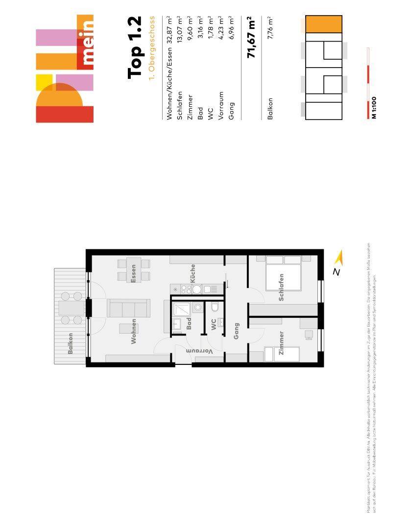 Grundriss einer Wohnung im ersten Obergeschoss mit Balkon und separatem WC.